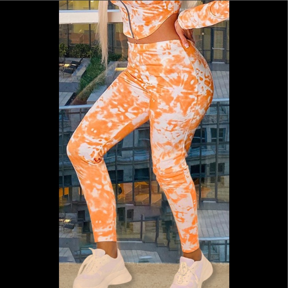 Orange Tie-Dye Zip Up Sexy Crop Jacket Style Top & Leggings 2Pc Outfit - Picture 3 of 3